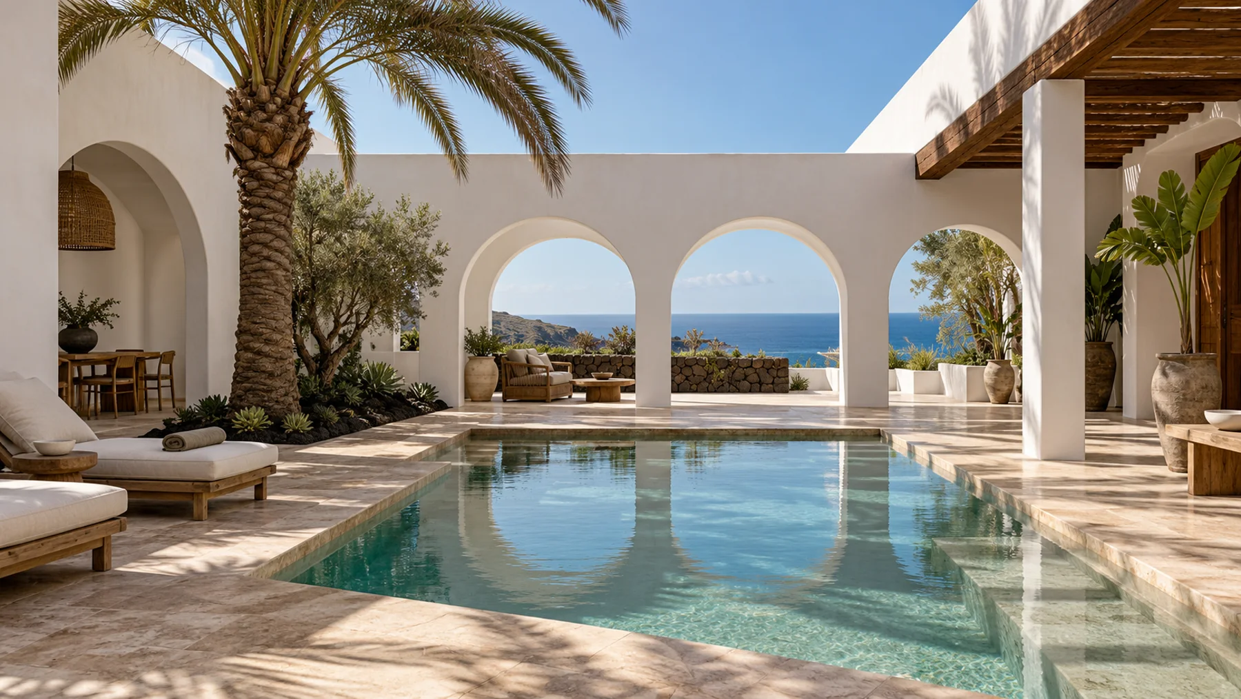 Patio y piscina de hotel boutique, imagen conceptual