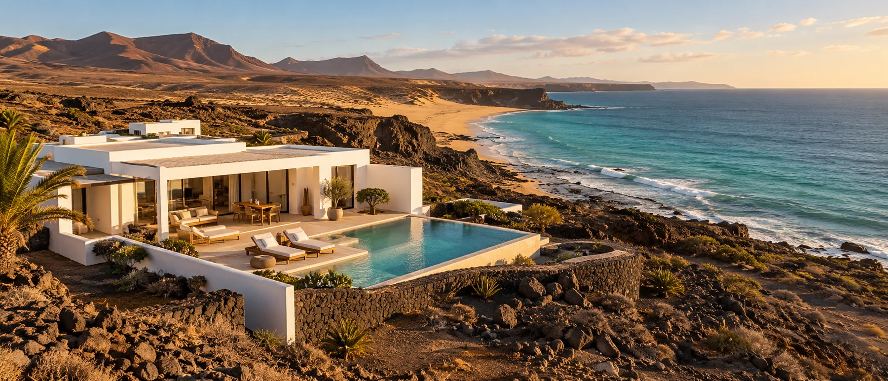 Vista aérea de villa y costa volcánica, imagen conceptual